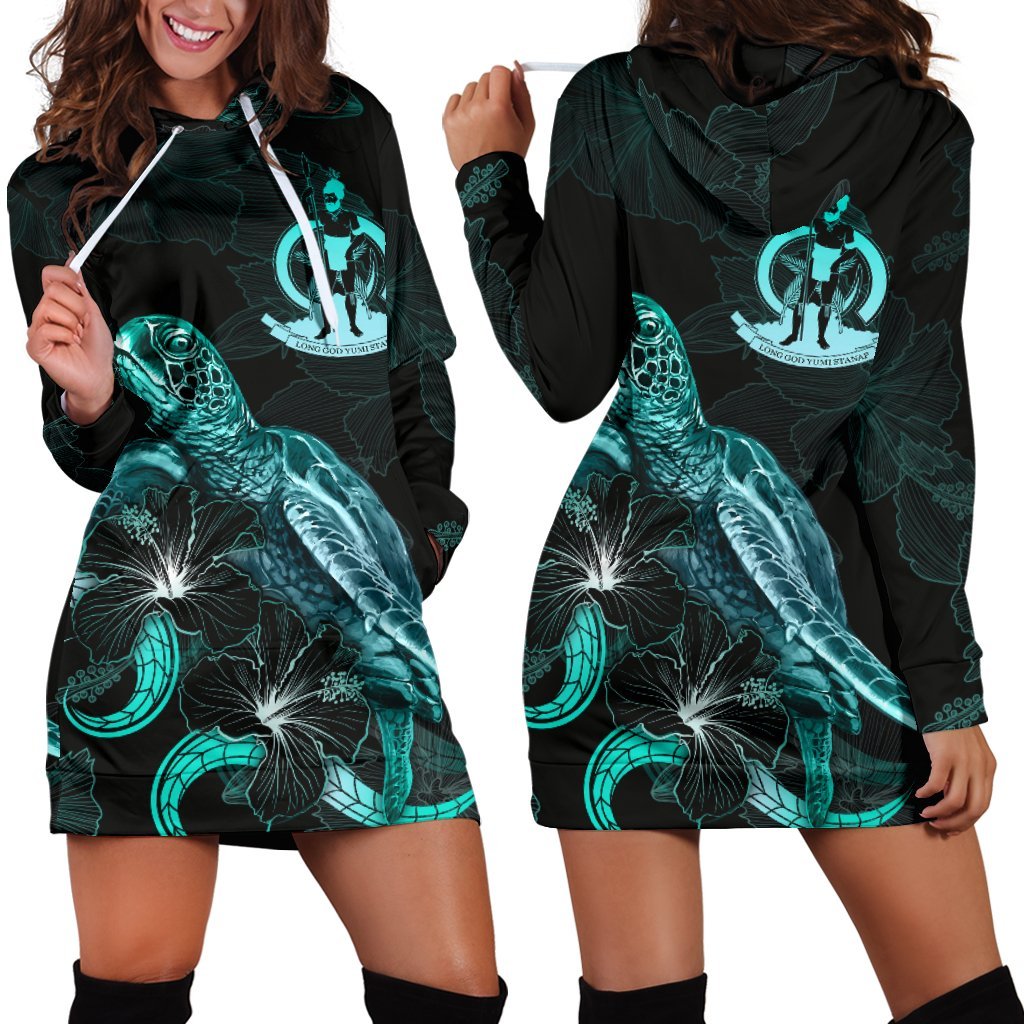 Vanuatu Polynesian Hoodie Dress - Turtle With Blooming Hibiscus Turquoise Turquoise - Polynesian Pride