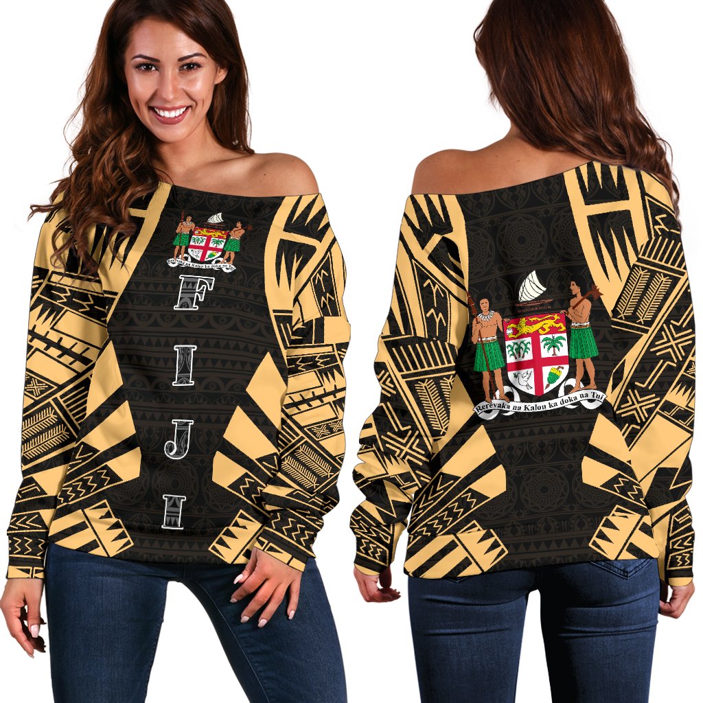 Fiji Women's Off Shoulder Sweater - Polynesian Tattoo Gold Gold - Polynesian Pride