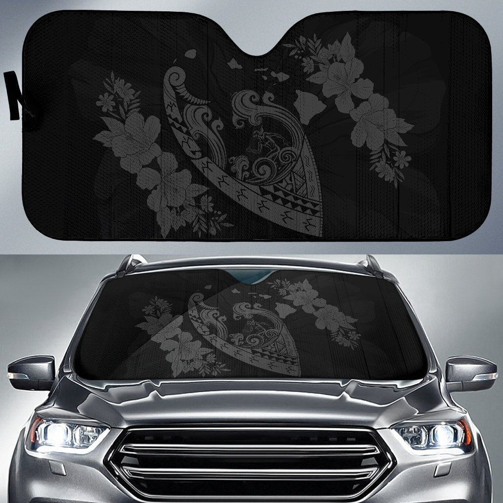 Hawaii Hibiscus Banzai Surfing Car Sun Shade - AH - Grey Auto Sun Shade Universal Fit Grey - Polynesian Pride