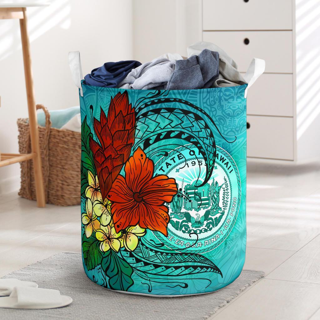 Hawaii Laundry Basket - Tropical Flowers Style Laundry Basket - Hawaii One Size Blue - Polynesian Pride