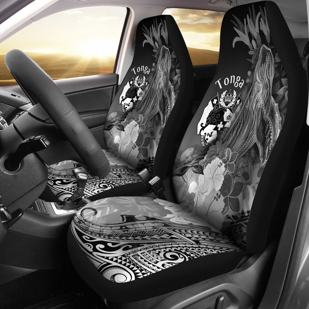 Tonga Car Seat Covers - Humpback Whale with Tropical Flowers (White) Universal Fit White - Polynesian Pride