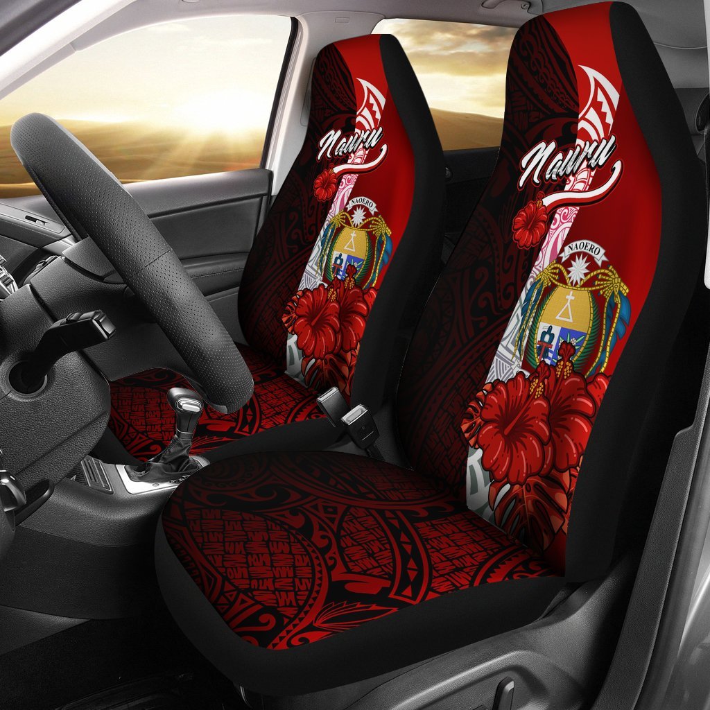 Nauru Polynesian Car Seat Covers - Coat Of Arm With Hibiscus Universal Fit Red - Polynesian Pride