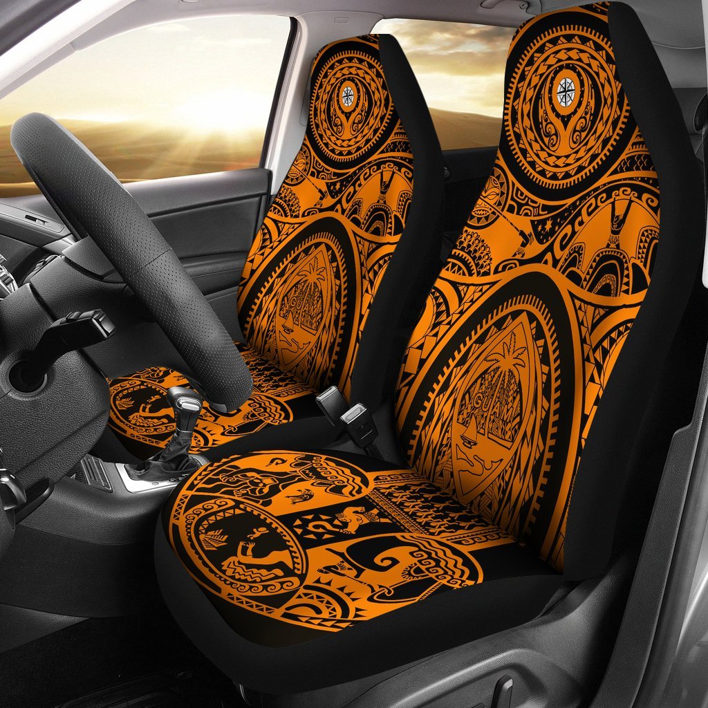 Polynesian Car Seat Covers - Guam Flag, Seal with Maui Moana Tattoo Universal Fit Orange - Polynesian Pride