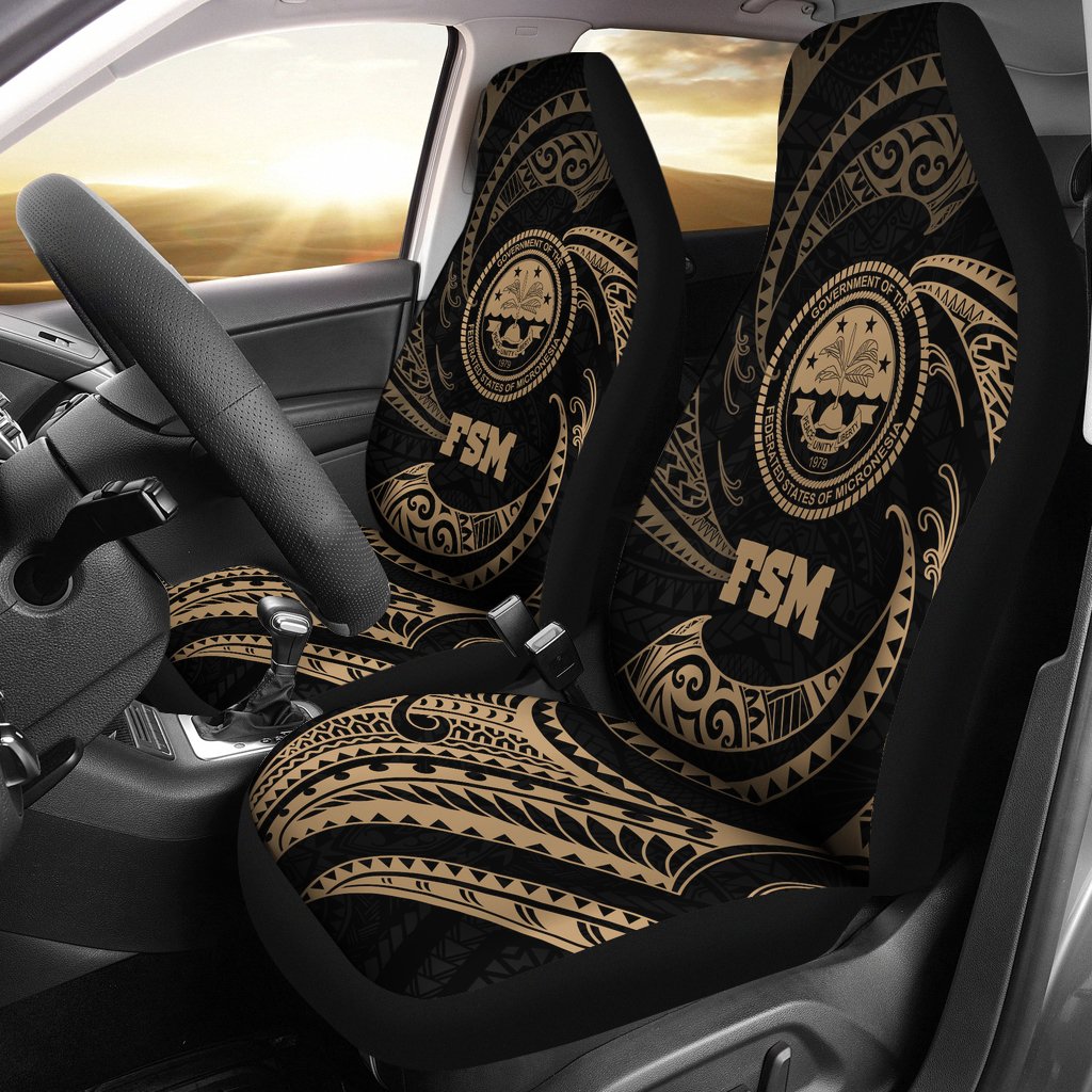 Federated States of Micronesia Car Seat Covers - Gold Tribal Wave Universal Fit Gold - Polynesian Pride