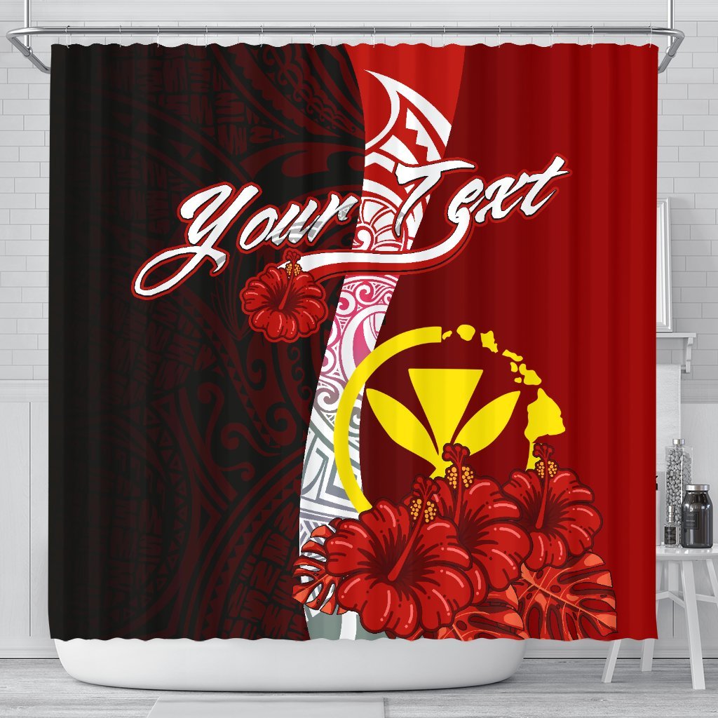 Hawaii Polynesian Custom Personalised Shower Curtain - Coat Of Arm With Hibiscus 177 x 172 (cm) Red - Polynesian Pride