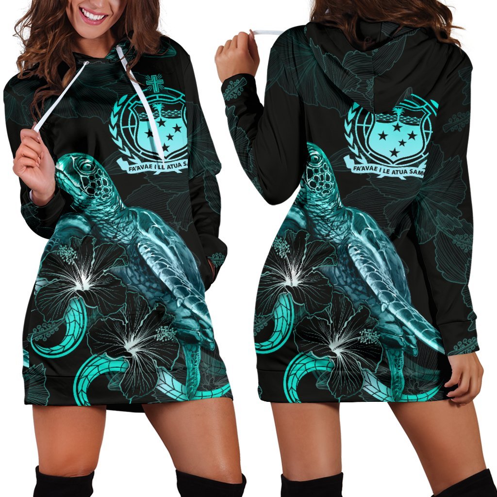 Samoa Polynesian Hoodie Dress - Turtle With Blooming Hibiscus Turquoise Turquoise - Polynesian Pride