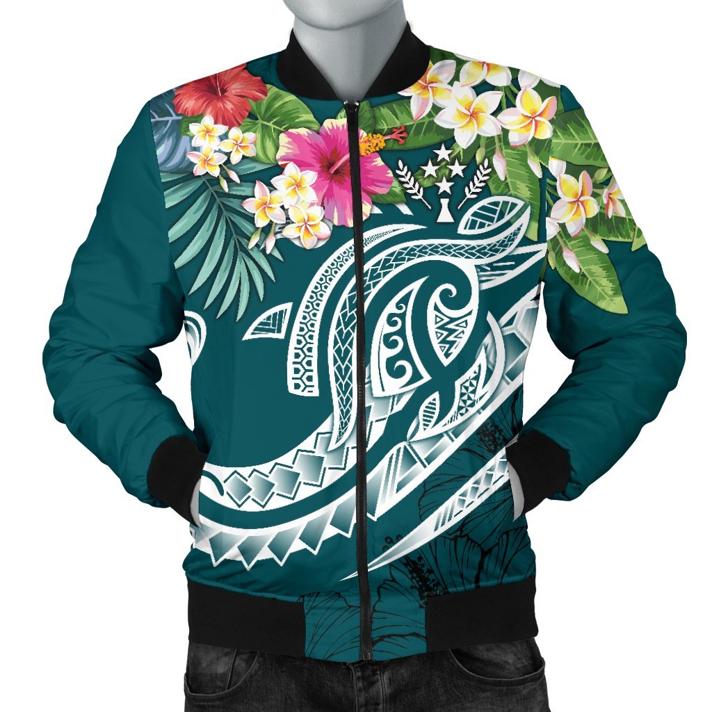 Kosrae Polynesian Men's Bomber Jacket - Summer Plumeria (Turquoise) Turquoise - Polynesian Pride