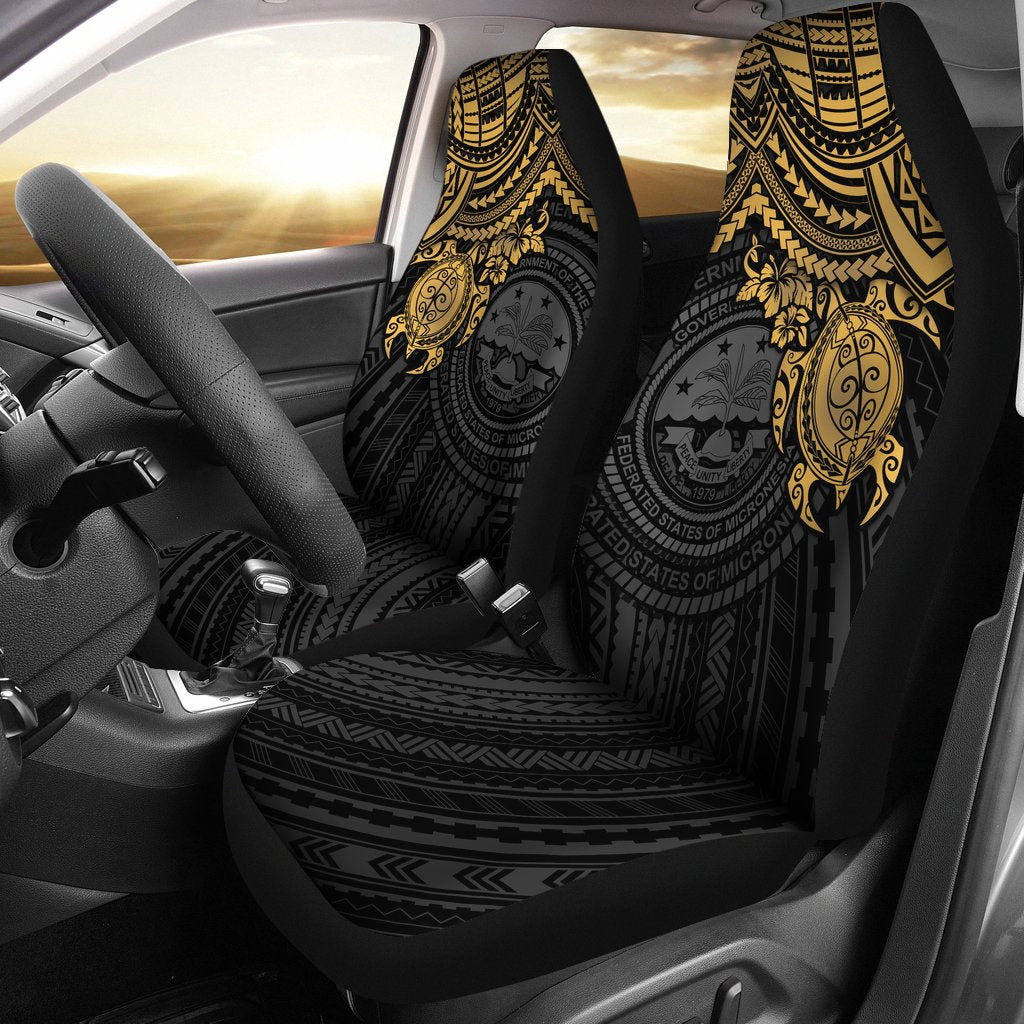 Federated States Of Micronesia Car Seat Covers - Federated States Of Micronesia Seal Golden Turtle Hibiscus Universal Fit BLACK - Polynesian Pride