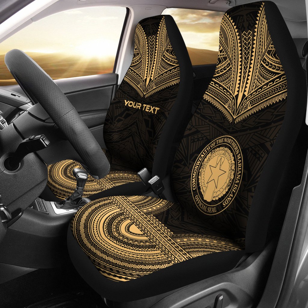 Northern Mariana Island Custom Personalised Car Seat Cover - C N M I Seal Polynesian Chief Tattoo Gold Version Universal Fit Gold - Polynesian Pride