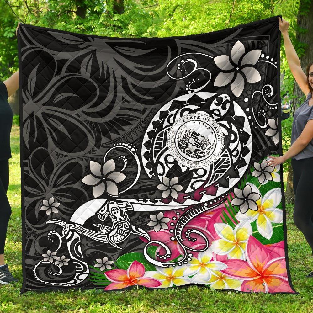 Hawaii Polynesian Premium Quilt - Hawaii Seal With Turtle Plumeria (Black) Black - Polynesian Pride