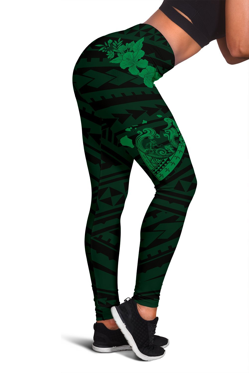 Hawaii Hibiscus Banzai Surfing Women's Legging Green Black - Polynesian Pride