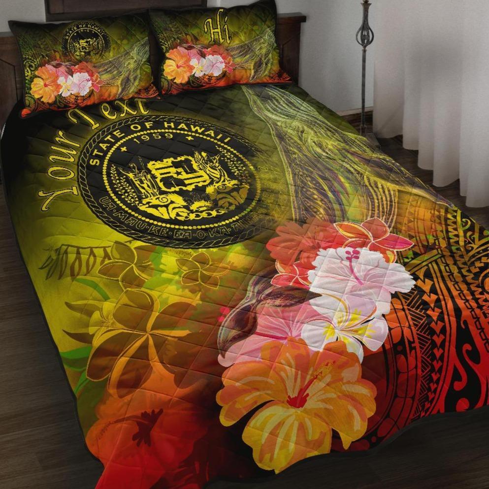 Polynesian Hawaii Custom Personalised Quilt Bed Set - Humpback Whale with Tropical Flowers (Yellow) Yellow - Polynesian Pride