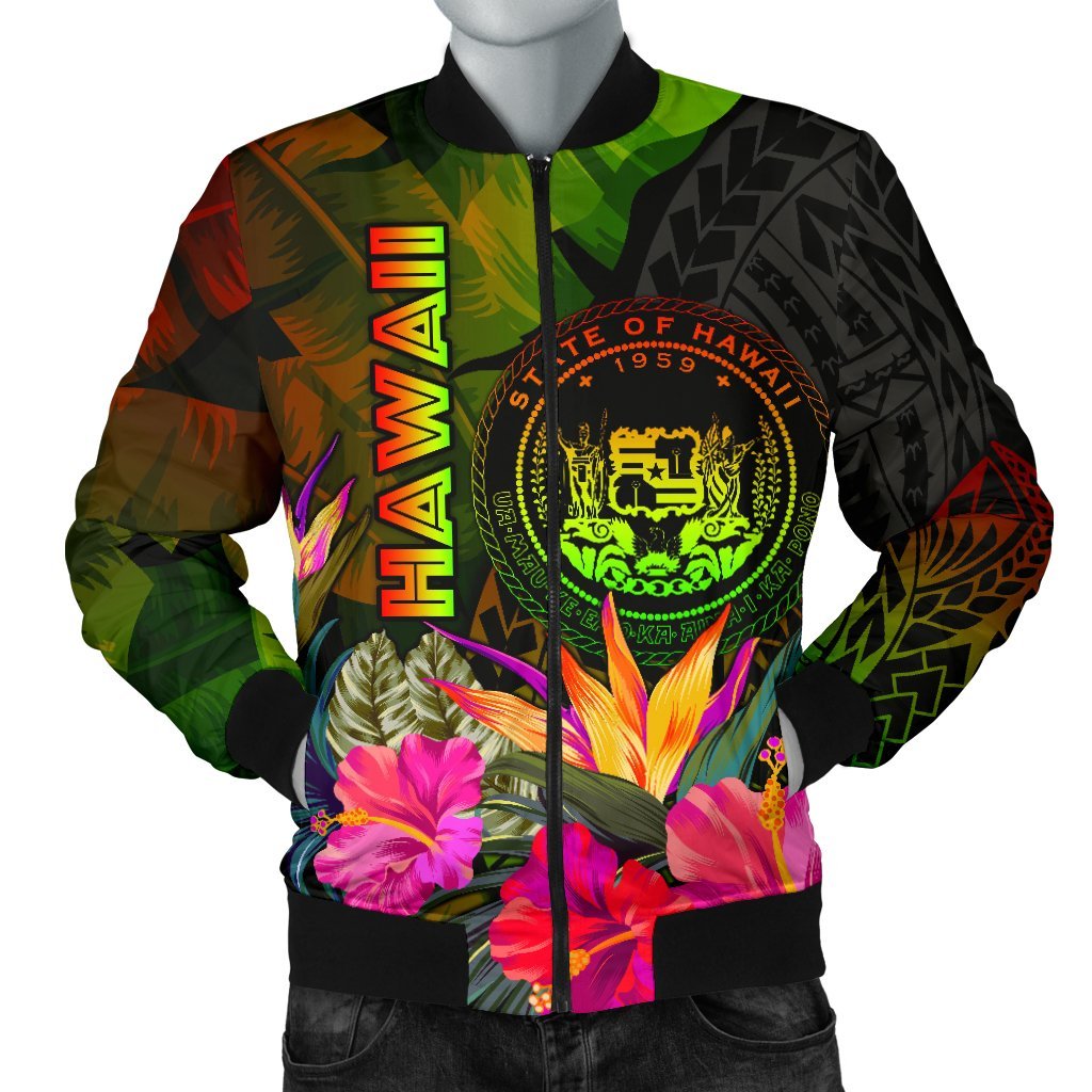 Polynesian Hawaii Polynesian Men's Bomber Jacket - Hibiscus and Banana Leaves Reggae - Polynesian Pride