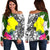 Palau Women's Off Shoulder Sweater White - Turtle Plumeria Banana Leaf White - Polynesian Pride