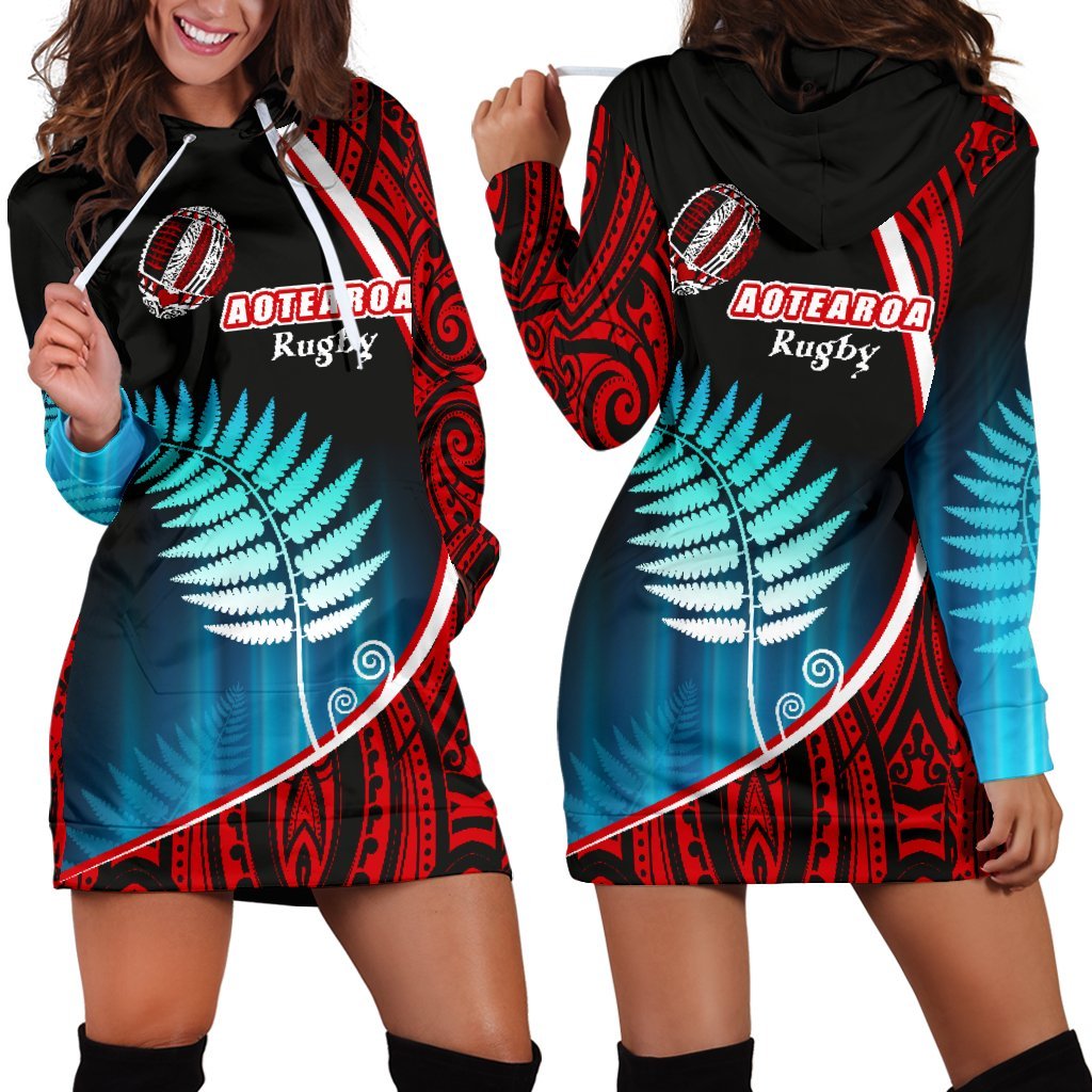 Aotearoa Rugby Black Maori Women Hoodie Dress Kiwi and Silver Fern New Zealand Black - Polynesian Pride