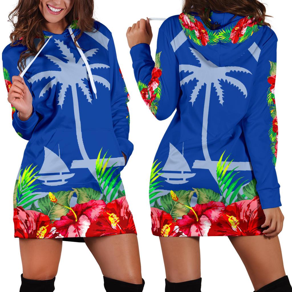 Guam Women's Hoodie Dress - Hibiscus Style Blue - Polynesian Pride