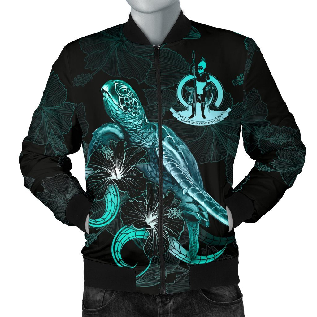 Vanuatu Polynesian Men's Bomber Jacket - Turtle With Blooming Hibiscus Turquoise Turquoise - Polynesian Pride