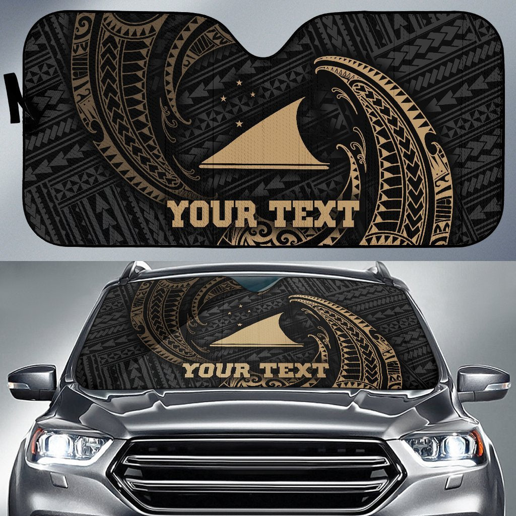 Polynesian Tokelau Custom Personalised Sun Shades - Gold Tribal Wave Auto Sun Shade Universal Fit Gold - Polynesian Pride