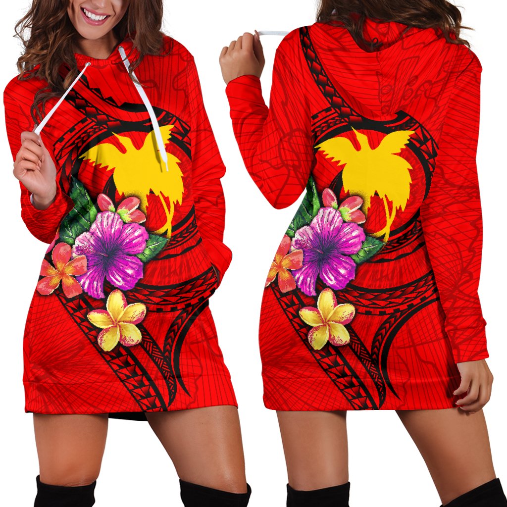 Papua New Guinea Polynesian Women's Hoodie Dress - Floral With Seal Red Red - Polynesian Pride