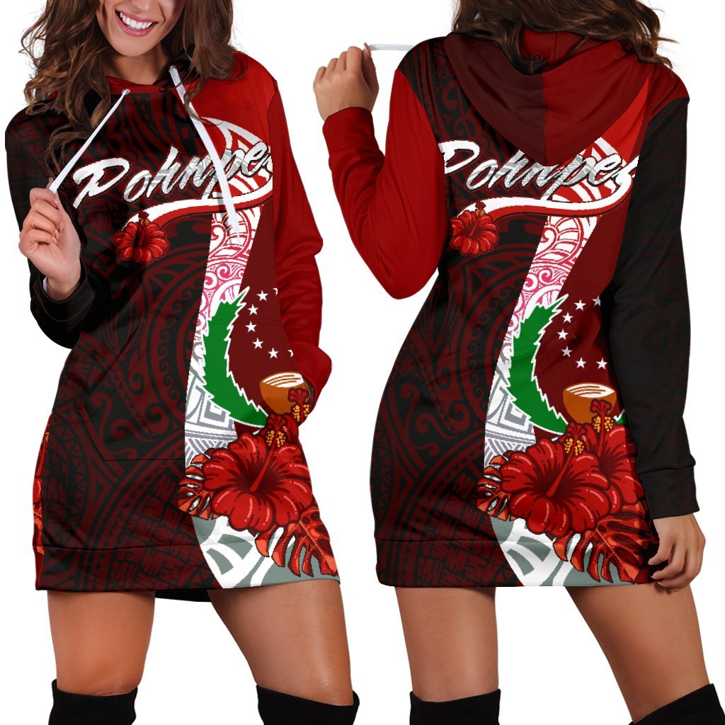 Pohnpei Micronesia Women's Hoodie Dress - Coat Of Arm With Hibiscus Red - Polynesian Pride