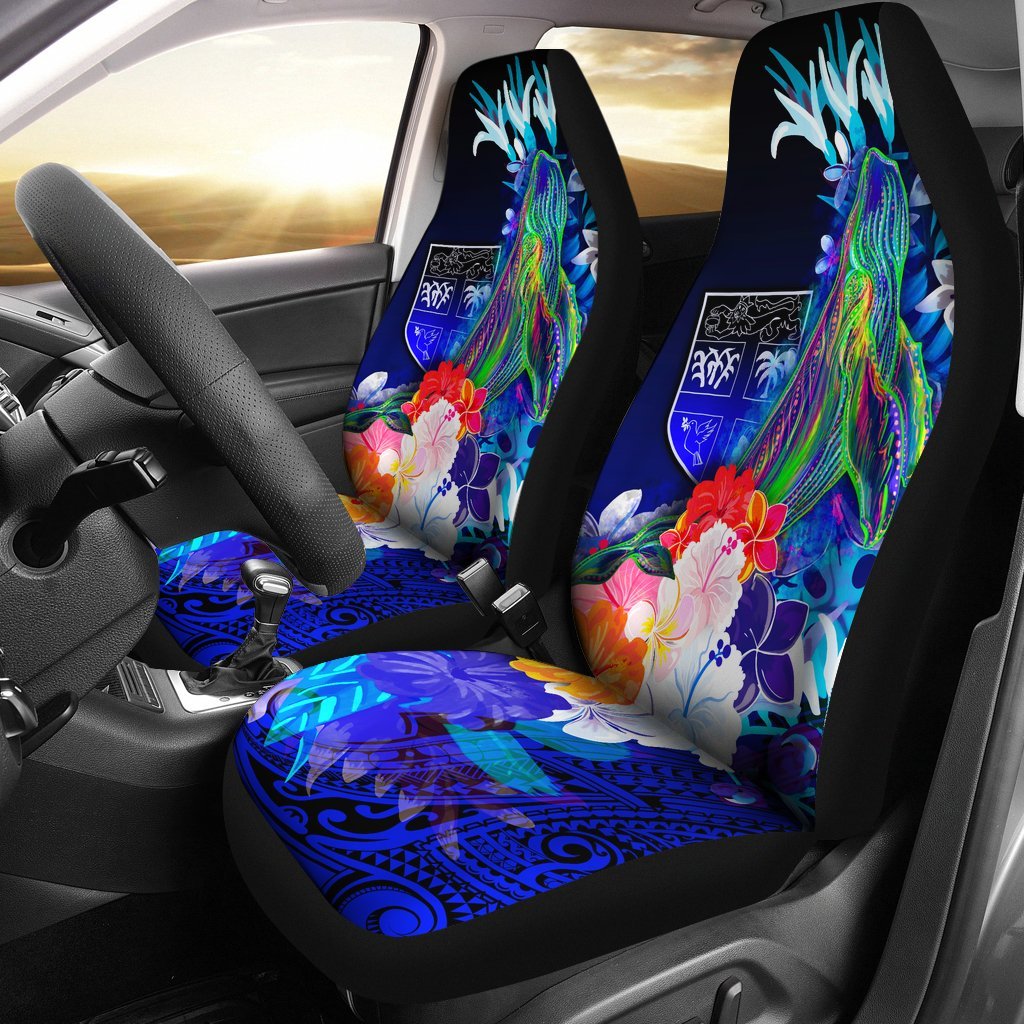 Fiji Car Seat Covers - Humpback Whale with Tropical Flowers (Blue) Universal Fit Blue - Polynesian Pride