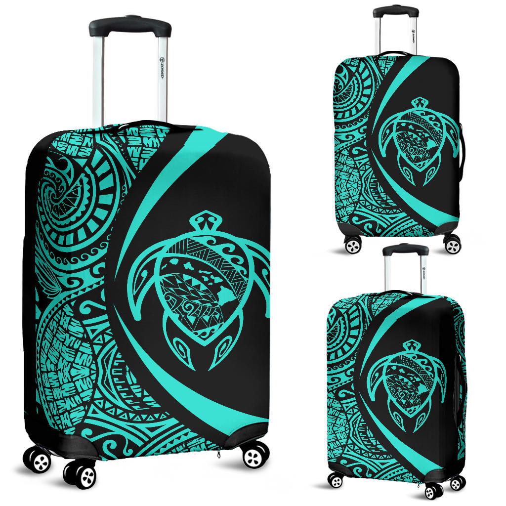 Hawaii Turtle Map Polynesian Luggage Cover - Turquoise - Circle Style Blue - Polynesian Pride