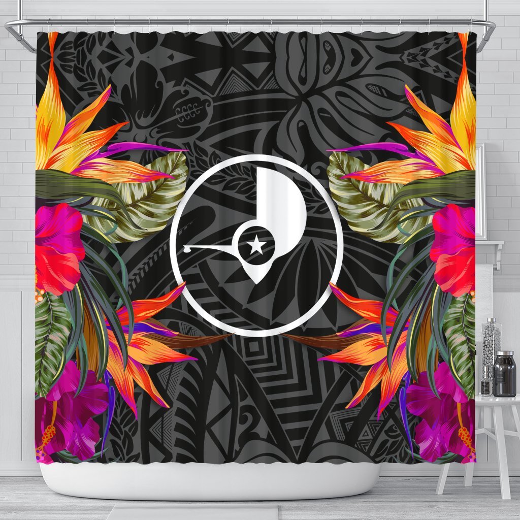 Yap Shower Curtain - Polynesian Hibiscus Pattern 177 x 172 (cm) Black - Polynesian Pride