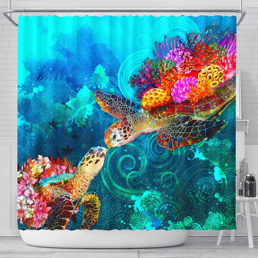 Papua New Guinea Shower Curtain - Sea Turtle Coral Treasure 177 x 172 (cm) BLACK - Polynesian Pride