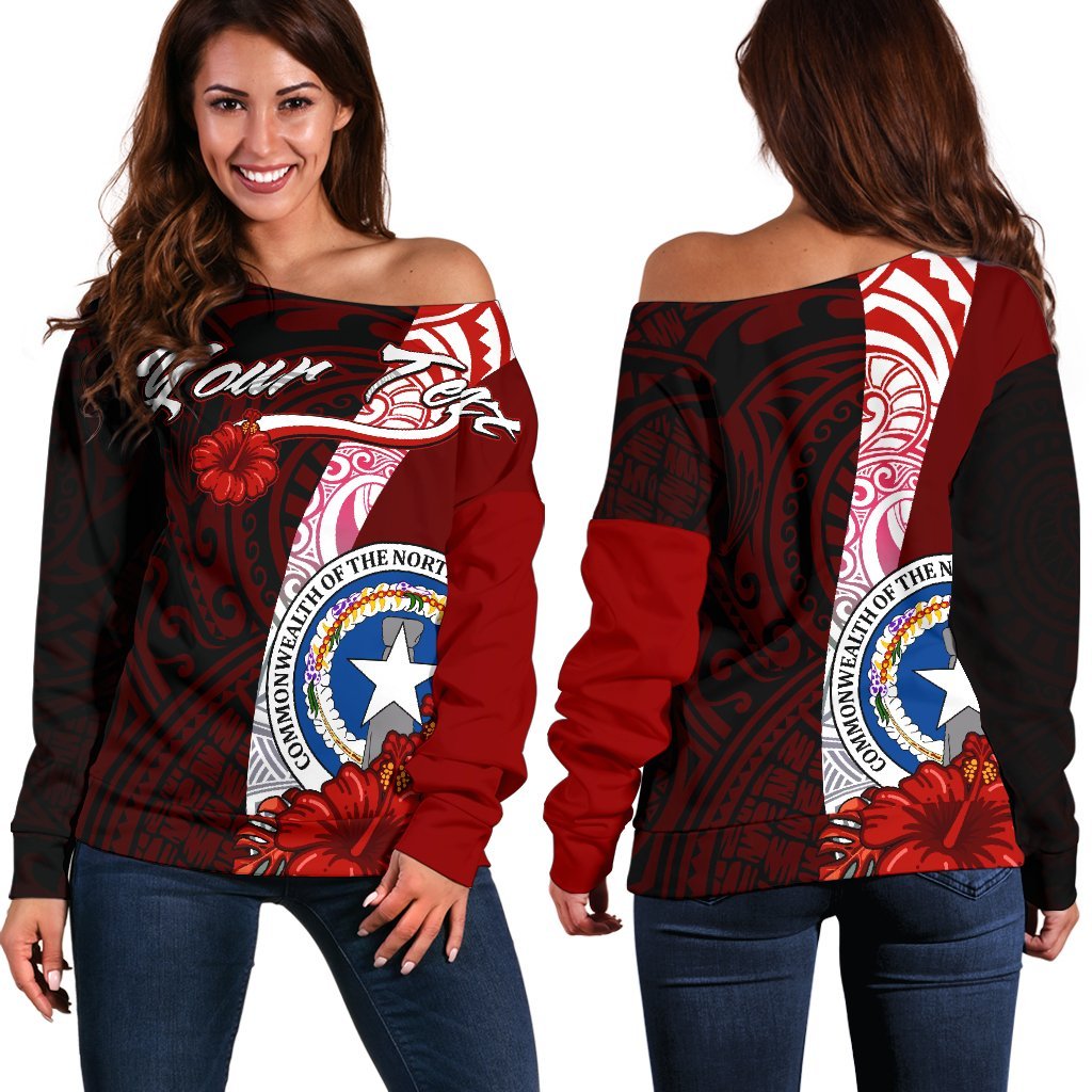 Northern Mariana Islands Polynesian Custom Personalised Women's Off Shoulder Sweater - Coat Of Arm With Hibiscus Red - Polynesian Pride