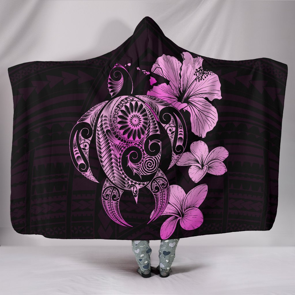 Hibiscus Plumeria Mix Polynesian Pink Turtle Hooded Blanket Hooded Blanket Youth 60"x45" Pink - Polynesian Pride