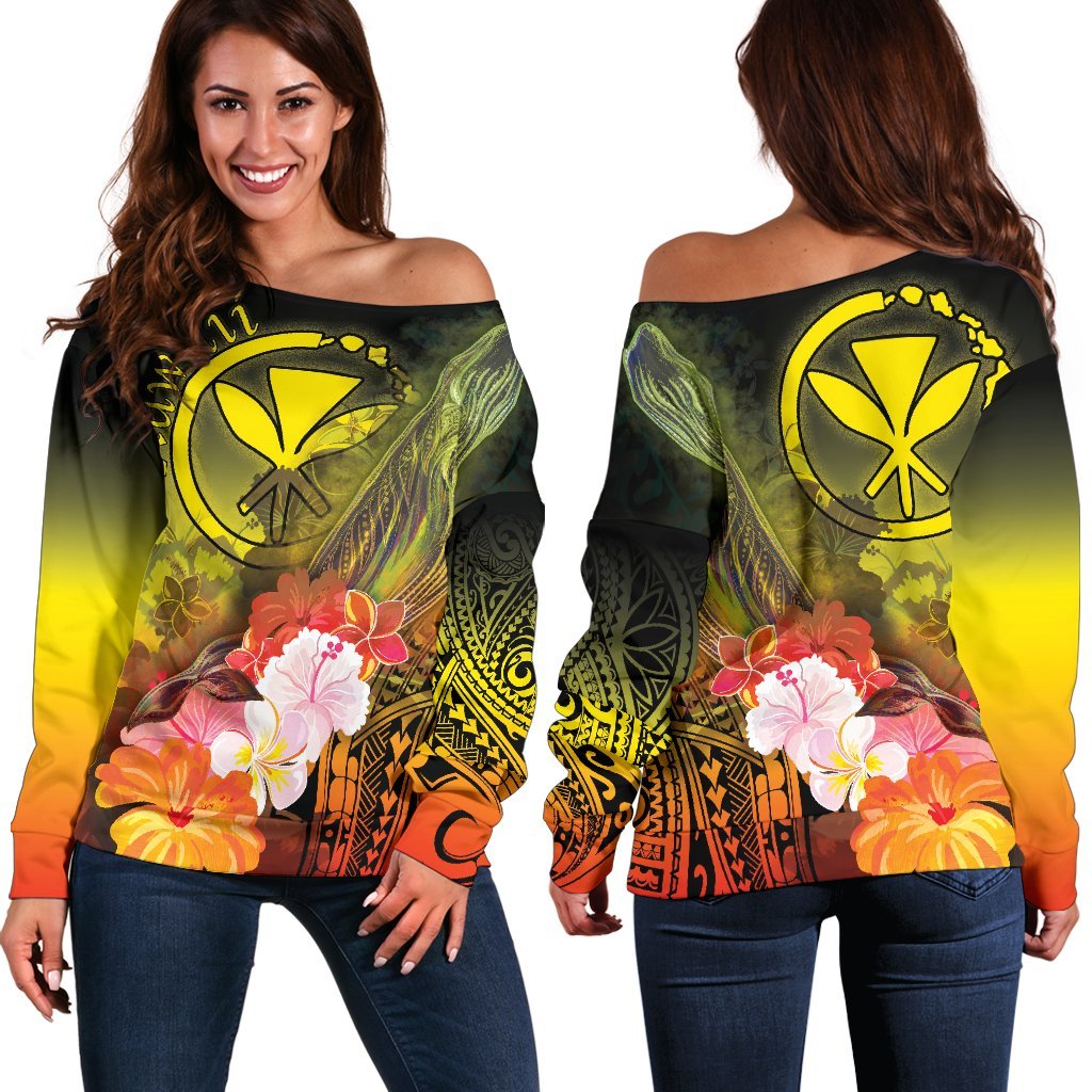 Polynesian Hawaii Women's Off Shoulder Sweater - Kanaka Maoli Humpback Whale with Tropical Flowers (Yellow) Yellow - Polynesian Pride