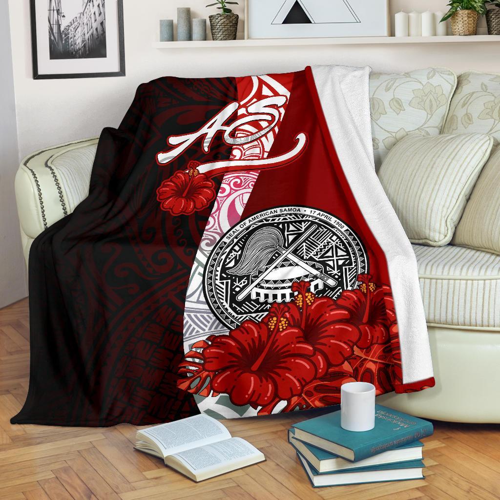 American Samoa Polynesian Premium Blanket - Coat Of Arm With Hibiscus White - Polynesian Pride