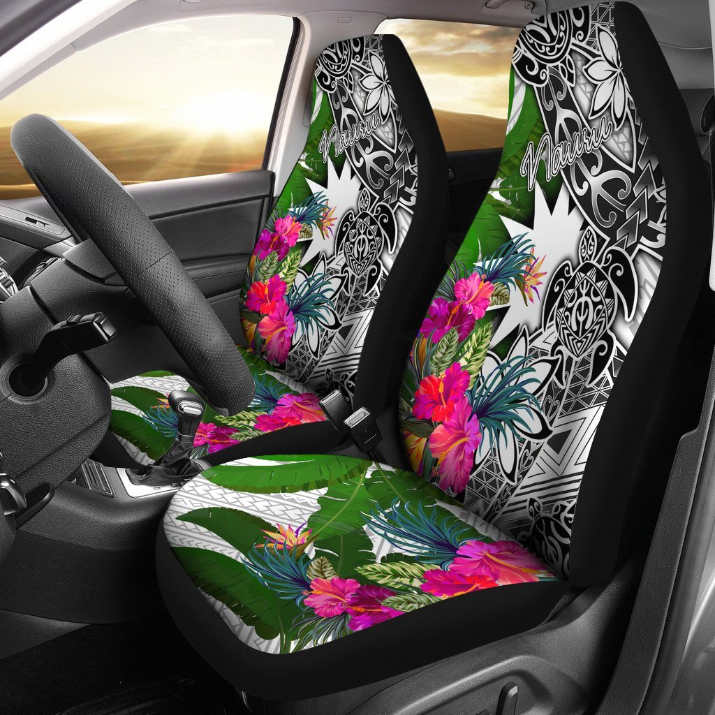 Nauru Car Seat Covers White - Turtle Plumeria Banana Leaf Universal Fit White - Polynesian Pride