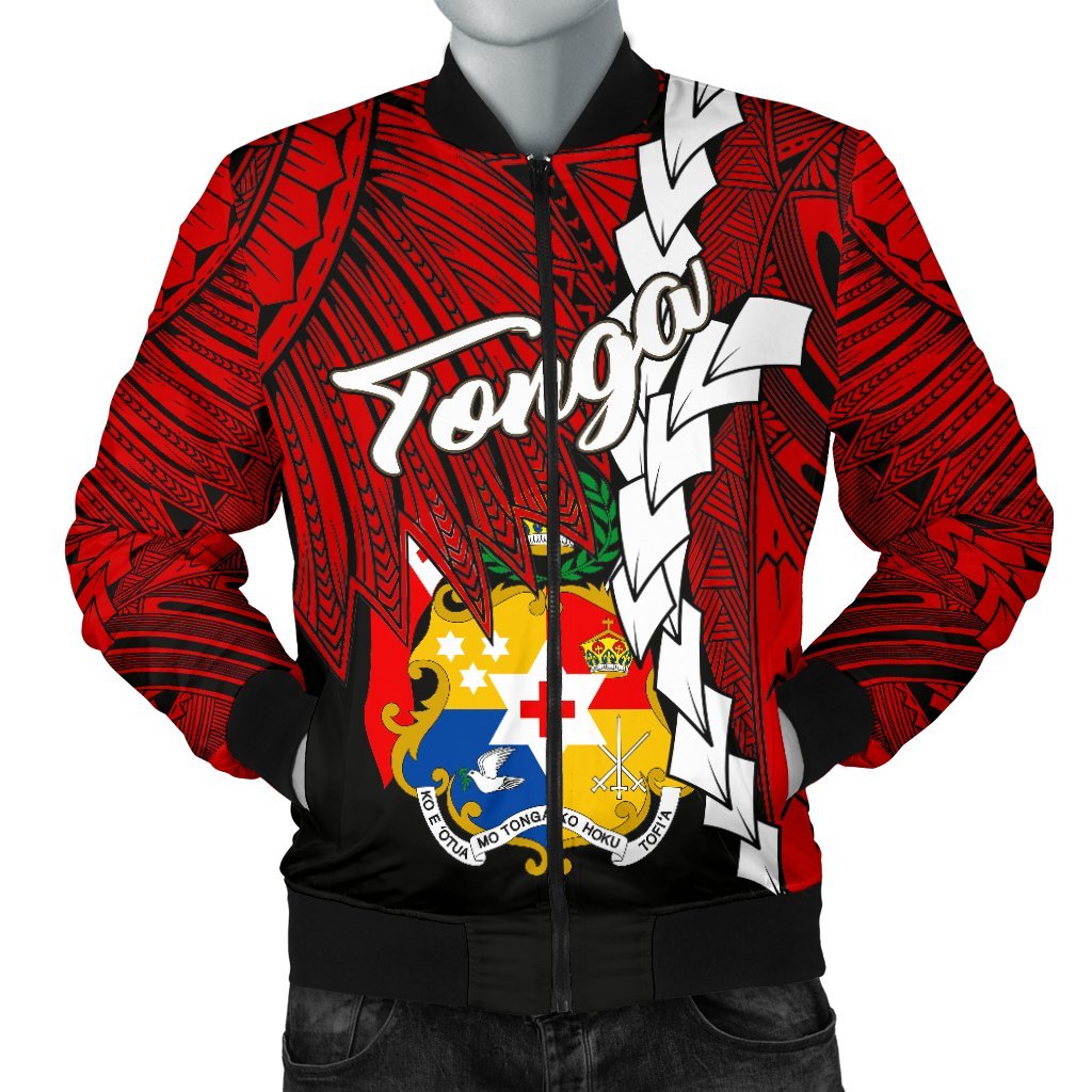 Tonga Polynesian Men's Bomber Jacket - Tribal Wave Tattoo Flag Color Red - Polynesian Pride