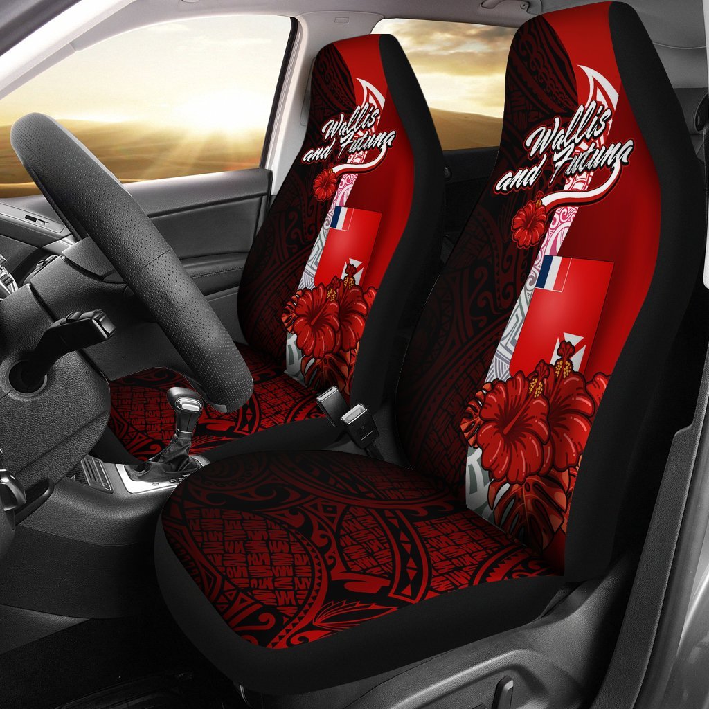 Wallis and Futuna Polynesian Car Seat Covers - Coat Of Arm With Hibiscus Universal Fit Red - Polynesian Pride