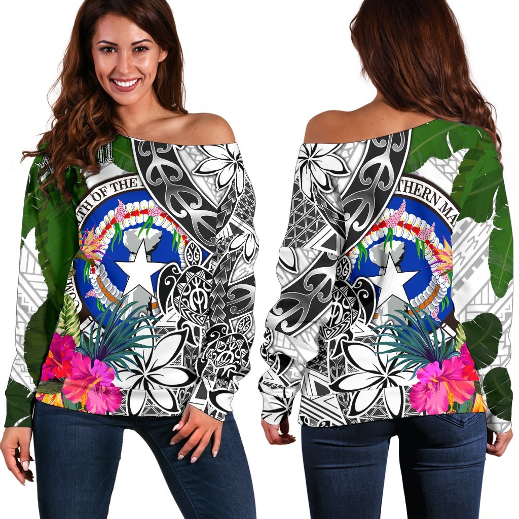 Northern Mariana Islands Women's Off Shoulder Sweater White - Turtle Plumeria Banana Leaf White - Polynesian Pride