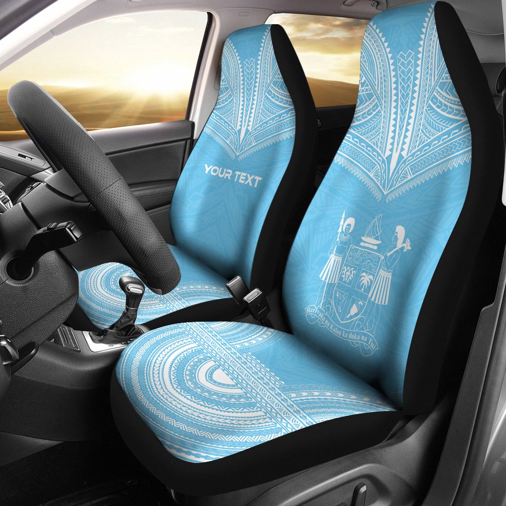 Fiji Custom Personalised Car Seat Cover - Fiji Coat Of Arms Polynesian Chief Tattoo Light Blue Version Universal Fit Blue - Polynesian Pride