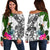 Kosrae Women's Off Shoulder Sweater White - Turtle Plumeria Banana Leaf White - Polynesian Pride