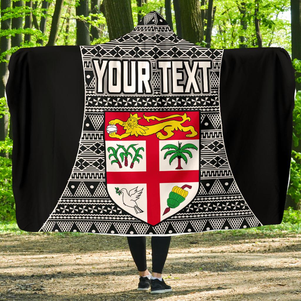 Fiji Custom Personalised Hooded Blanket - Tapa Pattern Sport Style Hooded Blanket Black - Polynesian Pride