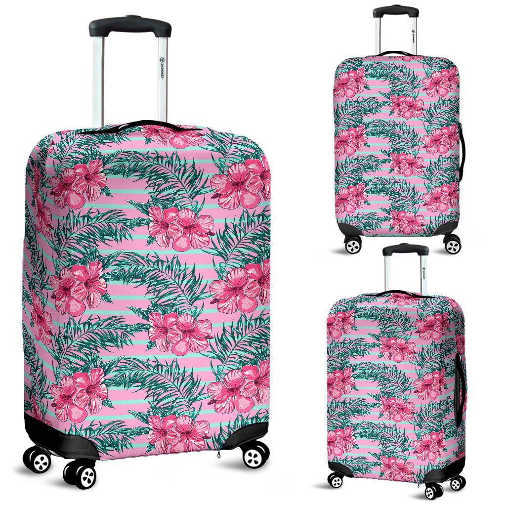 Hawaii Tropical Flowers Palm Leaves Hibiscus Strips Luggage Cover White - Polynesian Pride