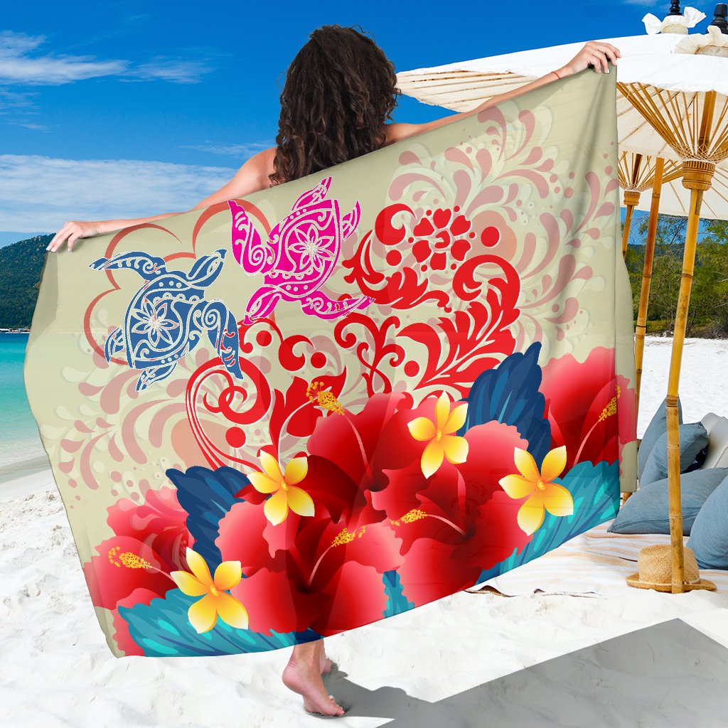 Hawaii Turtle Couple Hibiscus Valentine Pattern Sarong - Romance Style - AH Sarong Beige - Polynesian Pride