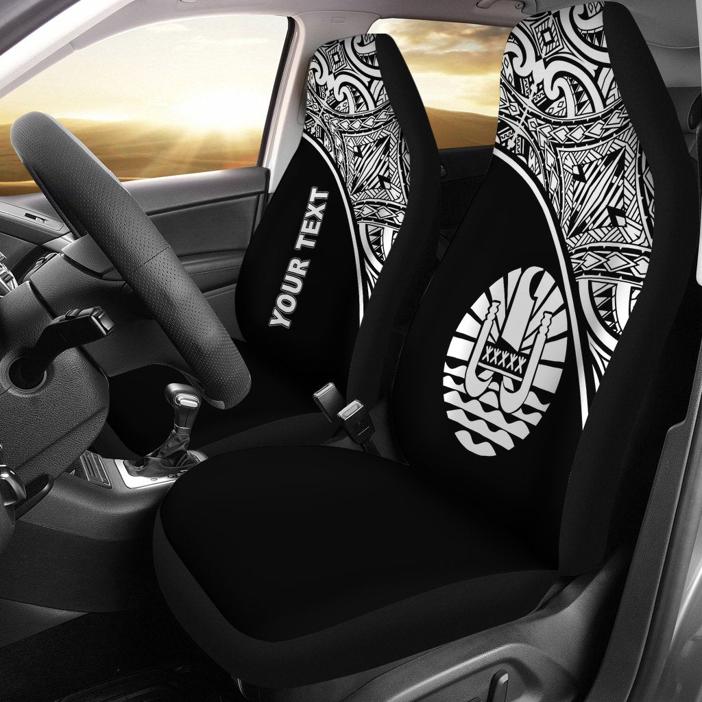 Tahiti Custom Personalised Car Seat Covers - Tahiti Flag Polynesian White Curve Universal Fit Black - Polynesian Pride