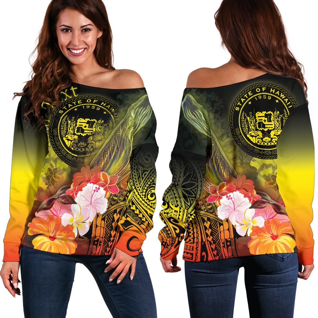 Polynesian Hawaii Custom Personalised Women's Off Shoulder Sweater - Humpback Whale with Tropical Flowers (Yellow) Yellow - Polynesian Pride