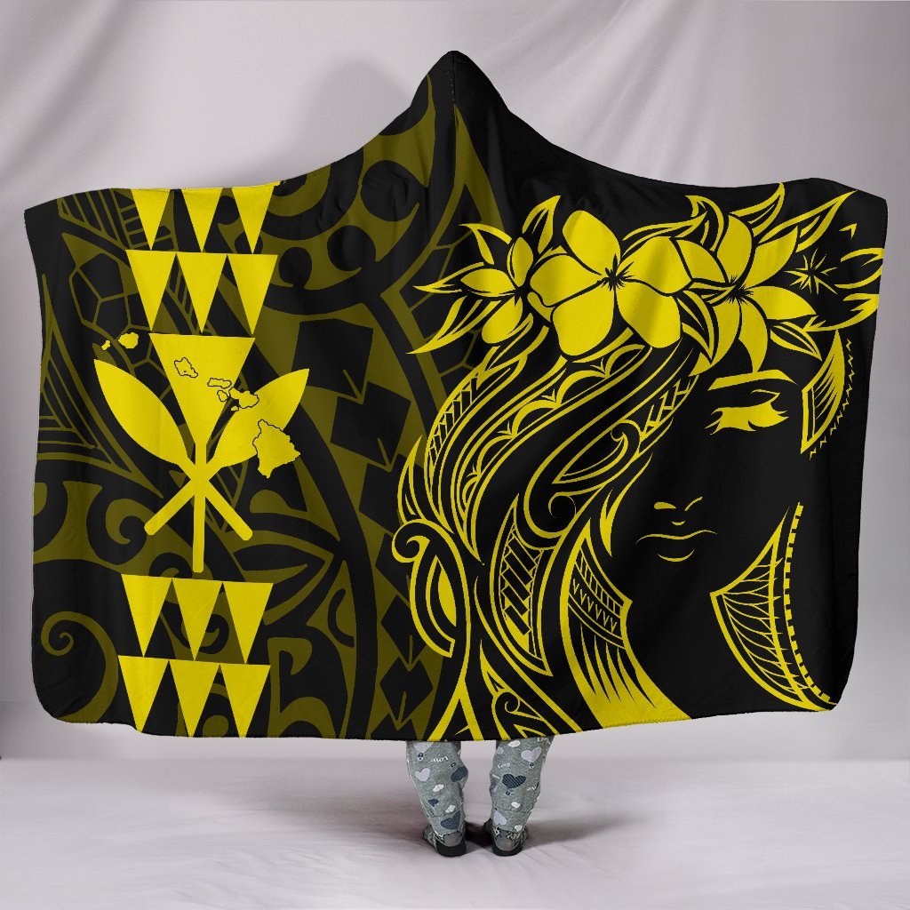 Hawaii Map Kanaka Polynesian Hula Girl Hooded Blanket - Yellow Hooded Blanket Yellow - Polynesian Pride