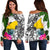 Tokelau Women's Off Shoulder Sweater White - Turtle Plumeria Banana Leaf White - Polynesian Pride