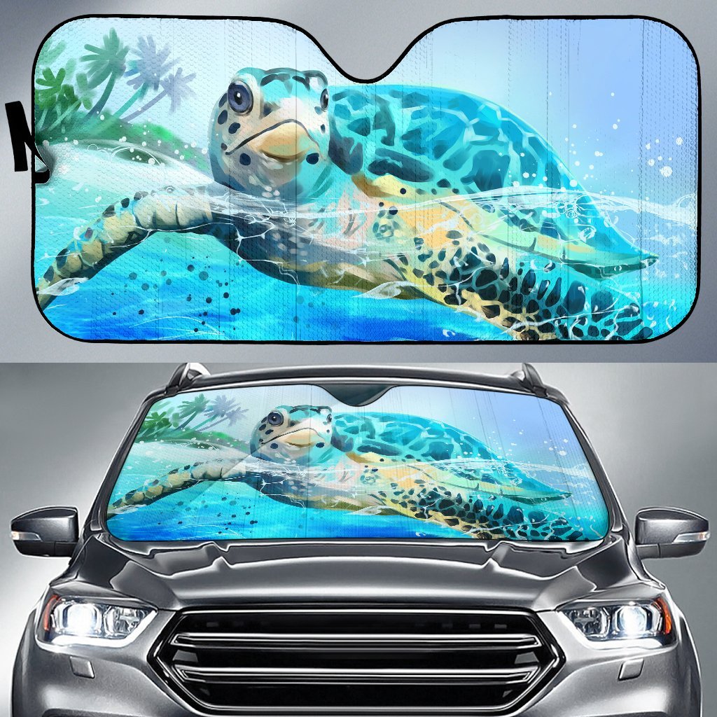 Hawaii Sea Turtle Swimming Car Sun Shade Auto Sun Shade Universal Fit Blue - Polynesian Pride