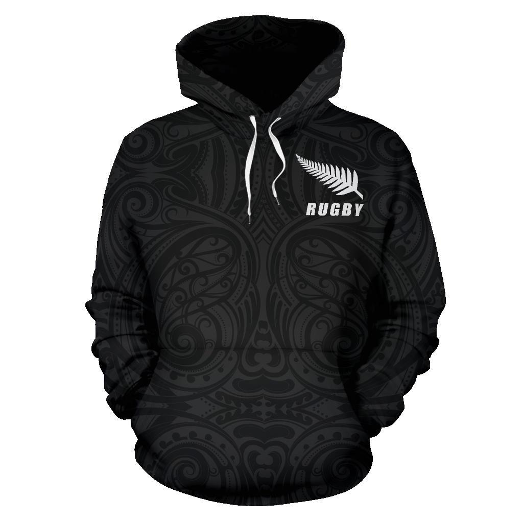 New Zealand Rugby Hoodie, Maori Haka Fern Pullover Hoodie Black - Polynesian Pride