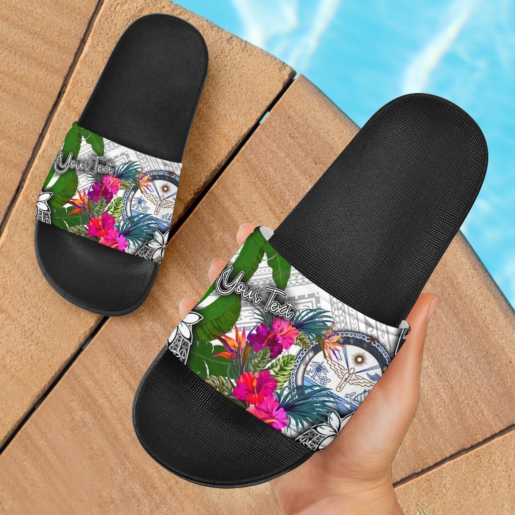 Marshall Islands Custom Personalised Slide Sandals White - Turtle Plumeria Banana Leaf Crest Black - Polynesian Pride