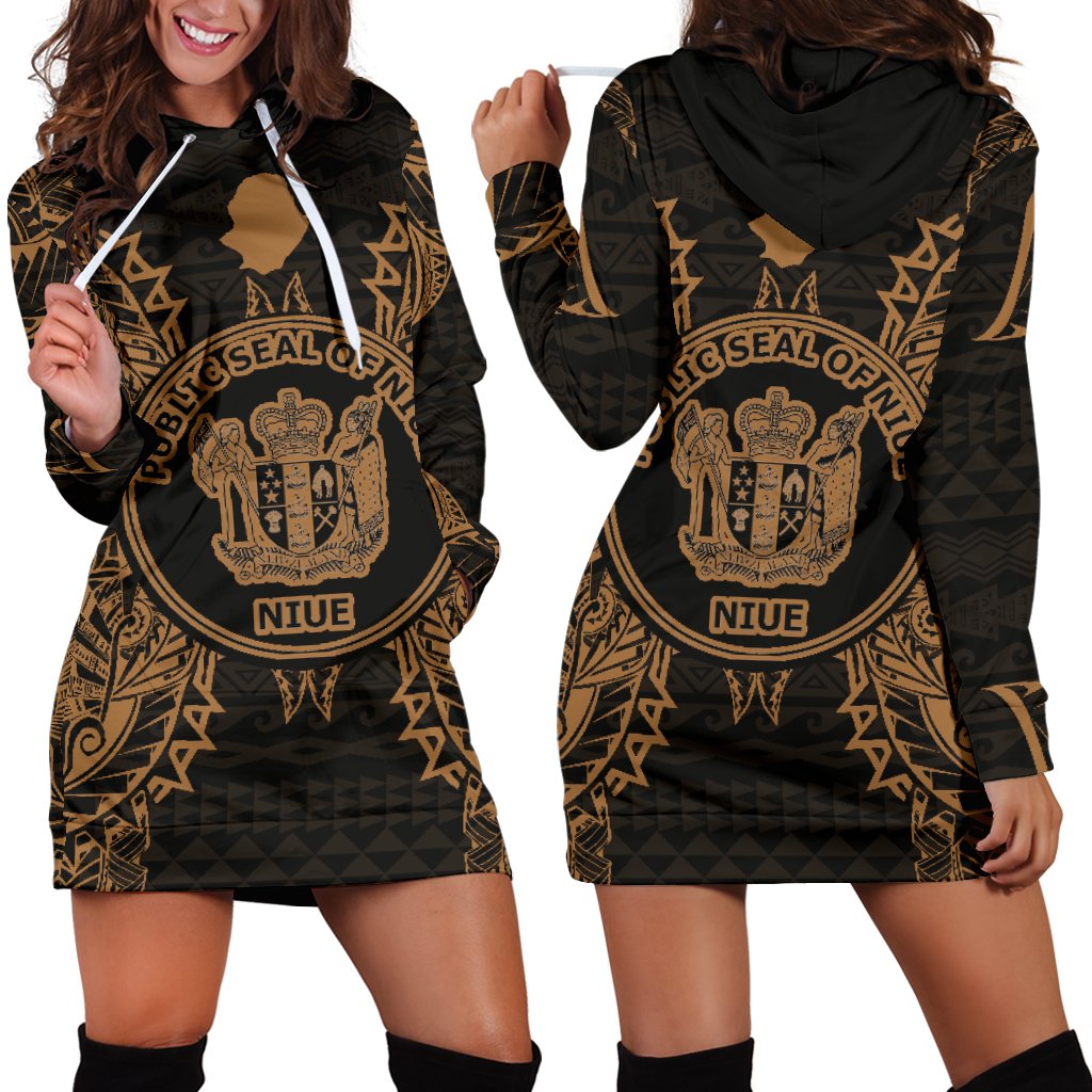 Niue Polynesian Hoodie Dress Map Gold Gold - Polynesian Pride