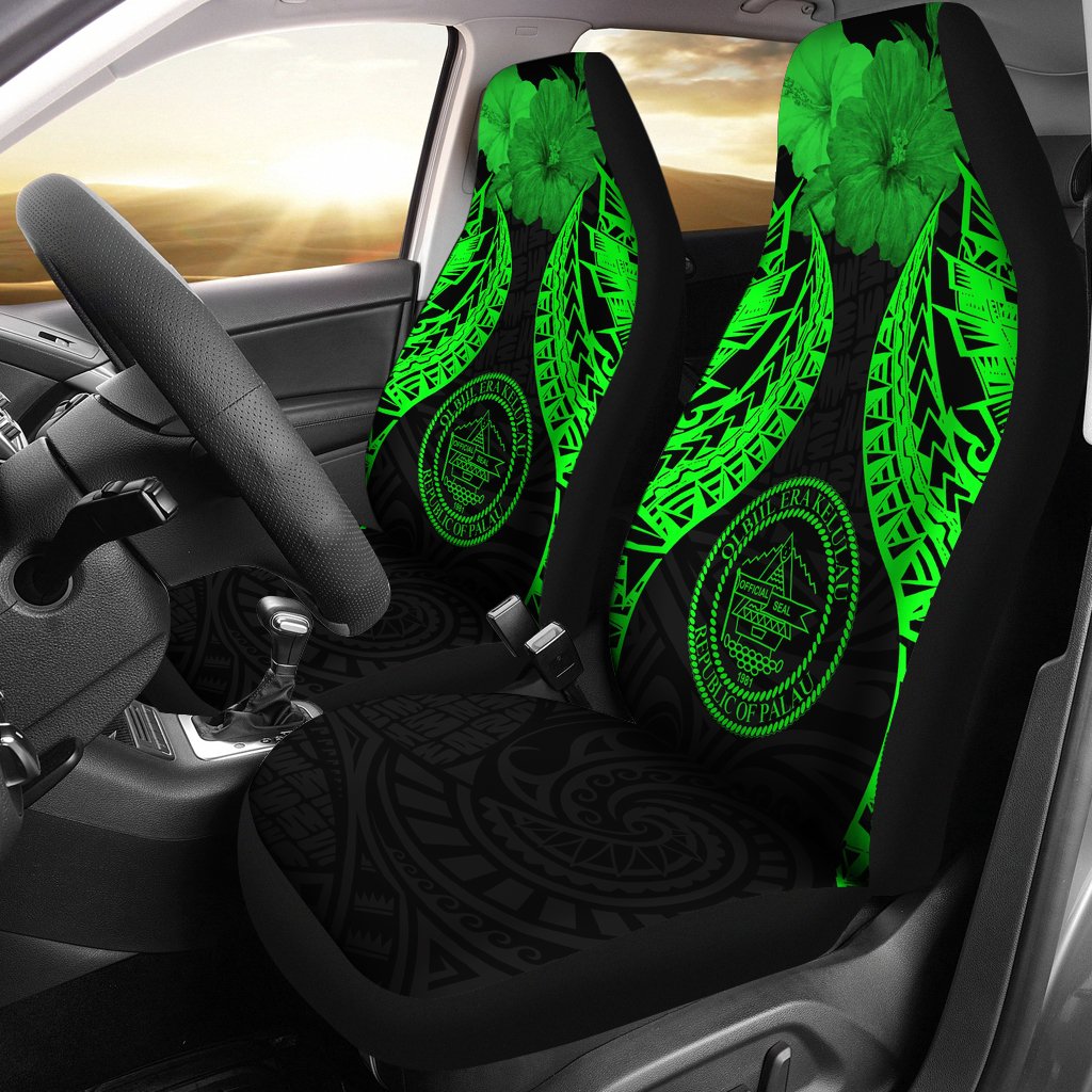 Palau Polynesian Car Seat Covers Pride Seal And Hibiscus Green Universal Fit Green - Polynesian Pride